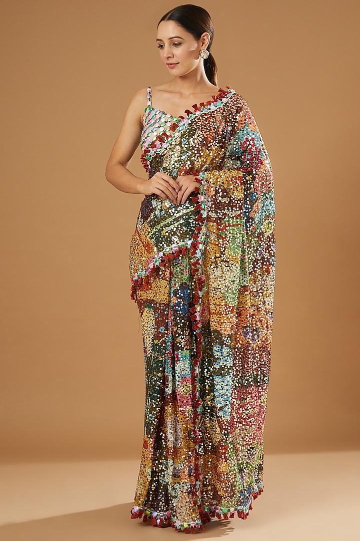 Multi-Colored Georgette Sequins Embroidered Saree Set by Aisha Rao