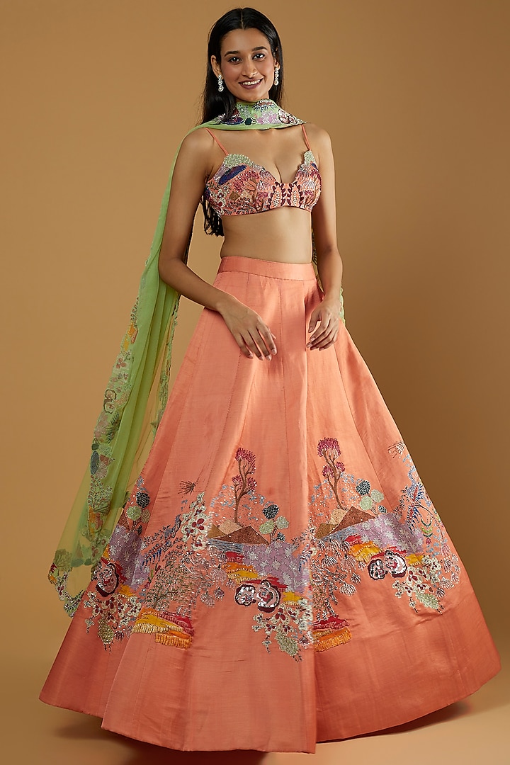 Peach Embellished Lehenga Set by Aisha Rao