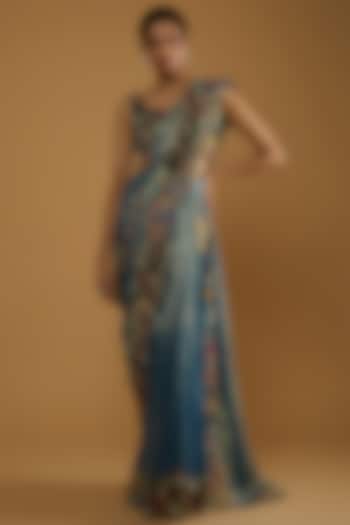 Blue Dobby Printed & Embellished Pre-Draped Saree Set by Aisha Rao