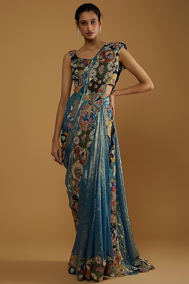 Blue Dobby Printed & Embellished Pre-Draped Saree Set by Aisha Rao