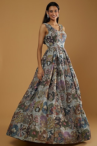 Ivory Printed & Embellished Gown by Aisha Rao
