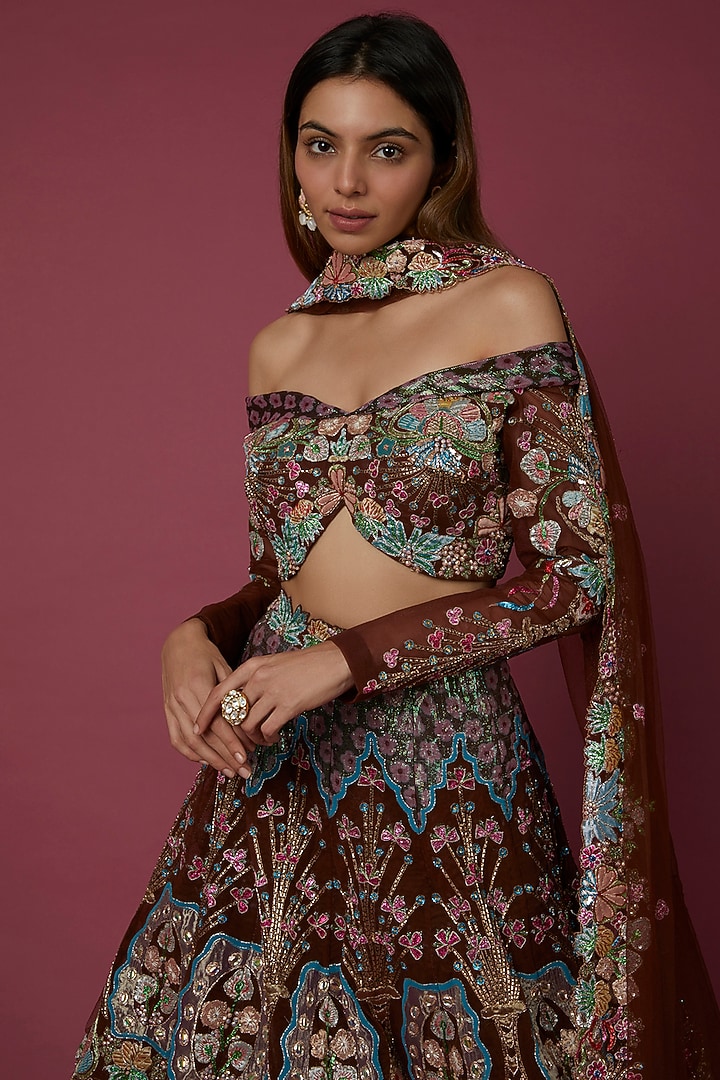 Brown Trencadis Embellished Bridal Lehenga Set by Aisha Rao at Pernia's Pop Up Shop
