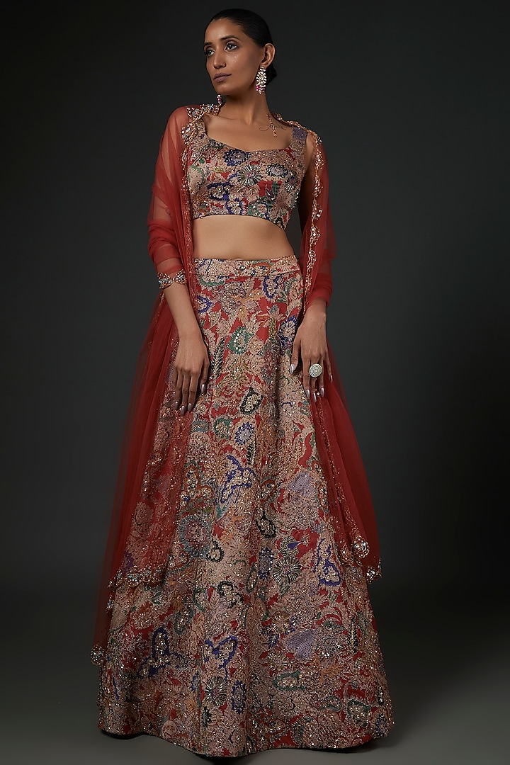 Red Printed Embellished Bridal Lehenga Set by Aisha Rao at Pernia's Pop Up Shop