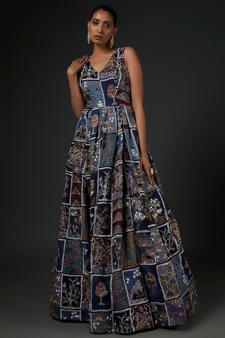 Blue Trencadis Printed Embellished Wedding Gown by Aisha Rao at Pernia's Pop Up Shop