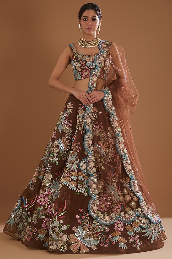 Maroon Trencadis Embellished Lehenga Set by Aisha Rao