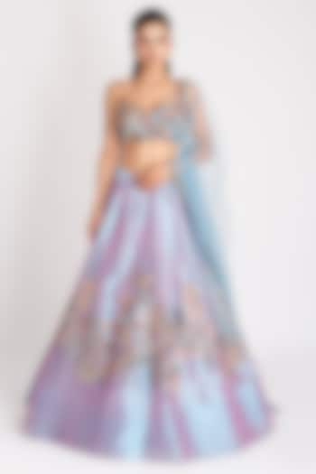 Wisteria Blue Tissue Applique Embellished Bridal Lehenga Set by Aisha Rao at Pernia's Pop Up Shop