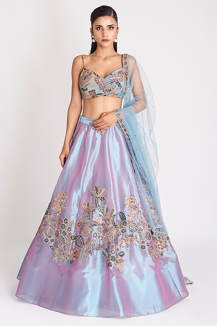 Wisteria Blue Tissue Applique Embellished Bridal Lehenga Set by Aisha Rao at Pernia's Pop Up Shop