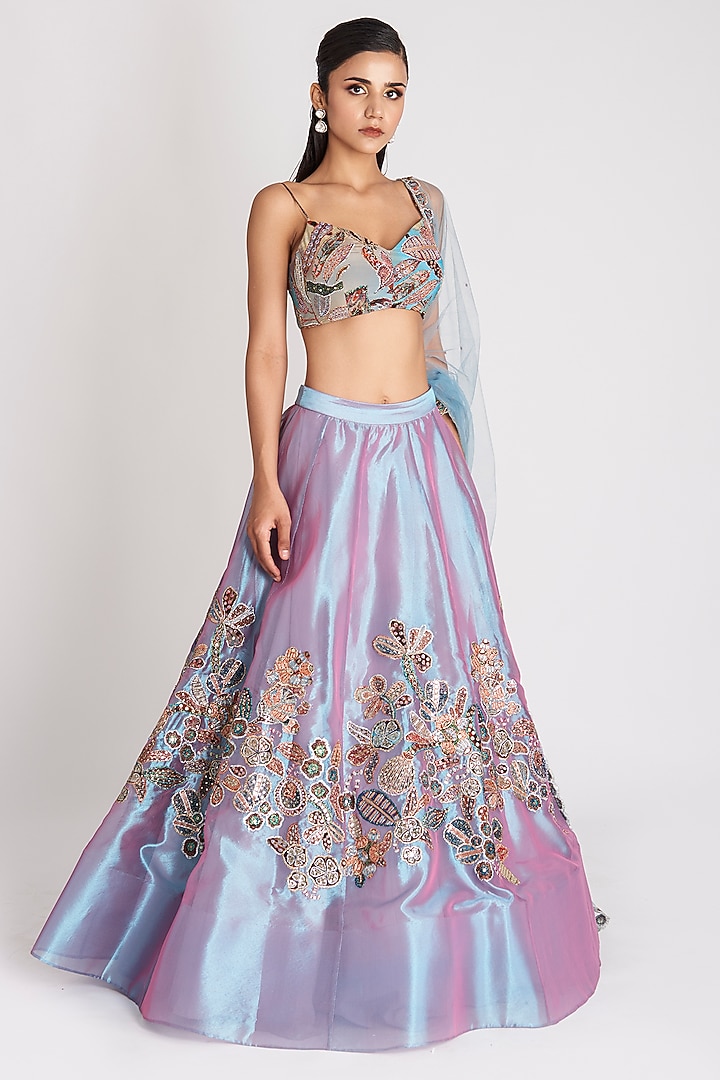 Wisteria Blue Tissue Applique Embellished Bridal Lehenga Set by Aisha Rao at Pernia's Pop Up Shop