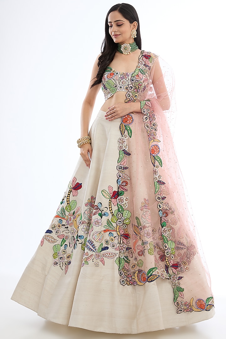 Ivory Raw Silk Applique Embellished Lehenga Set by Aisha Rao