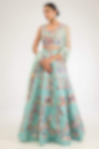 Scuba Blue Raw Silk Applique Embellished Bridal Lehenga Set by Aisha Rao at Pernia's Pop Up Shop