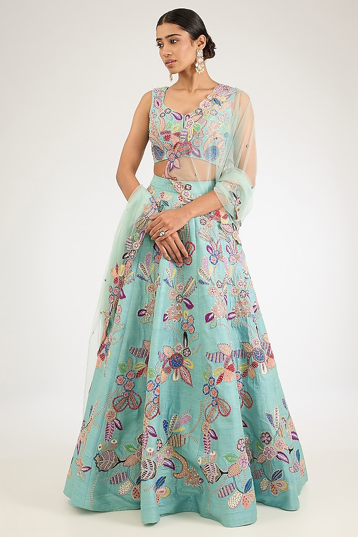 Scuba Blue Raw Silk Applique Embellished Bridal Lehenga Set by Aisha Rao at Pernia's Pop Up Shop