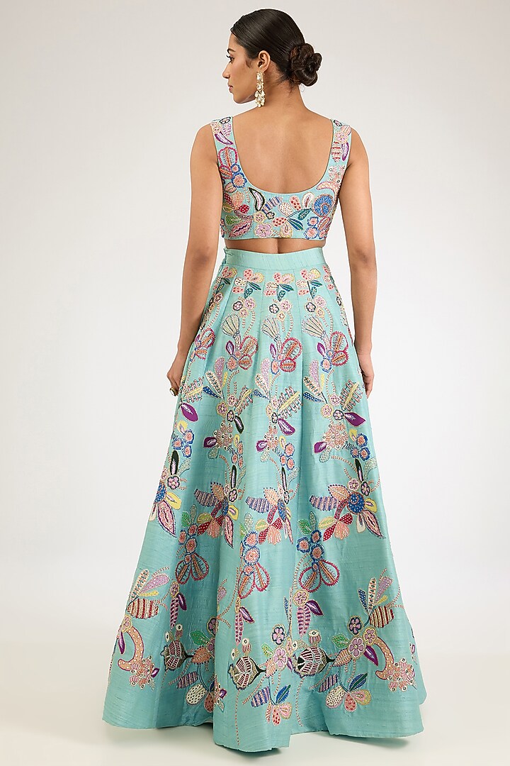 Scuba Blue Raw Silk Applique Embellished Bridal Lehenga Set by Aisha Rao at Pernia's Pop Up Shop
