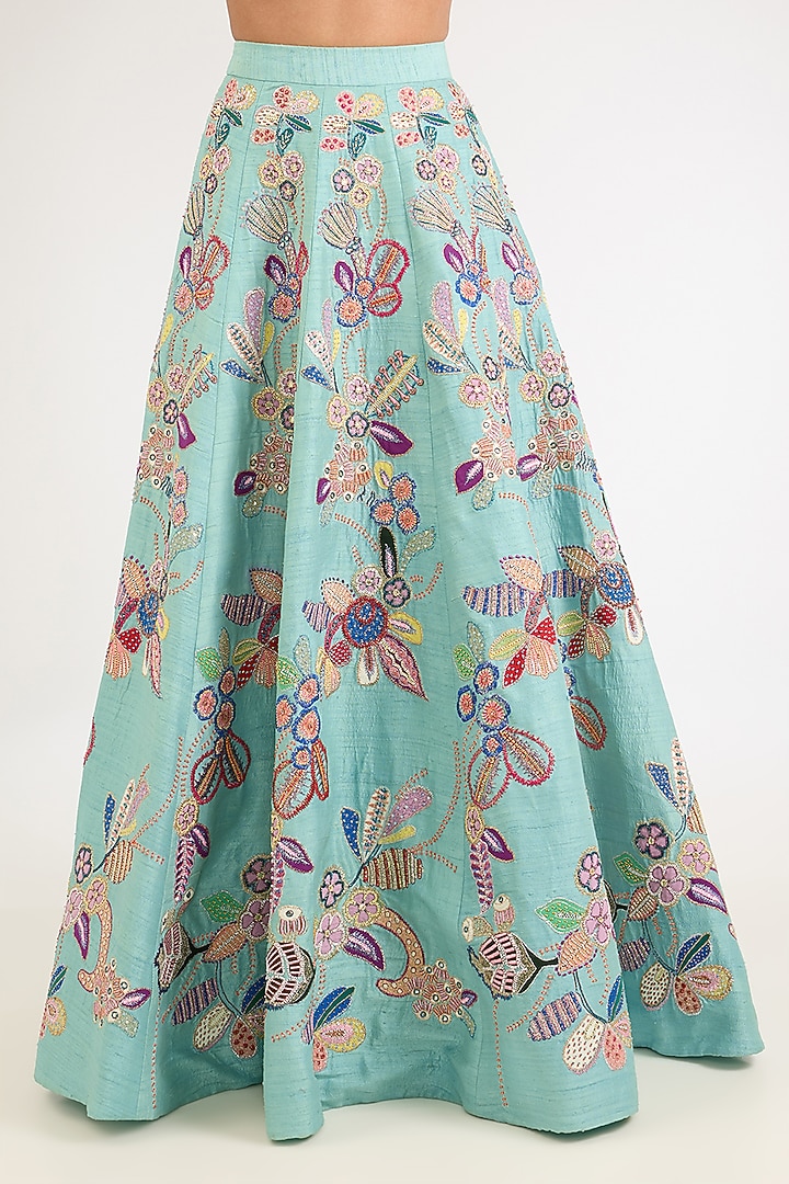 Scuba Blue Raw Silk Applique Embellished Bridal Lehenga Set by Aisha Rao at Pernia's Pop Up Shop