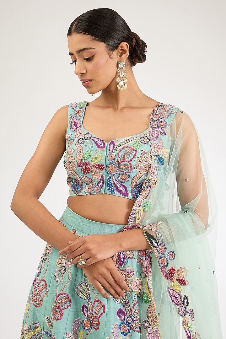 Scuba Blue Raw Silk Applique Embellished Bridal Lehenga Set by Aisha Rao at Pernia's Pop Up Shop