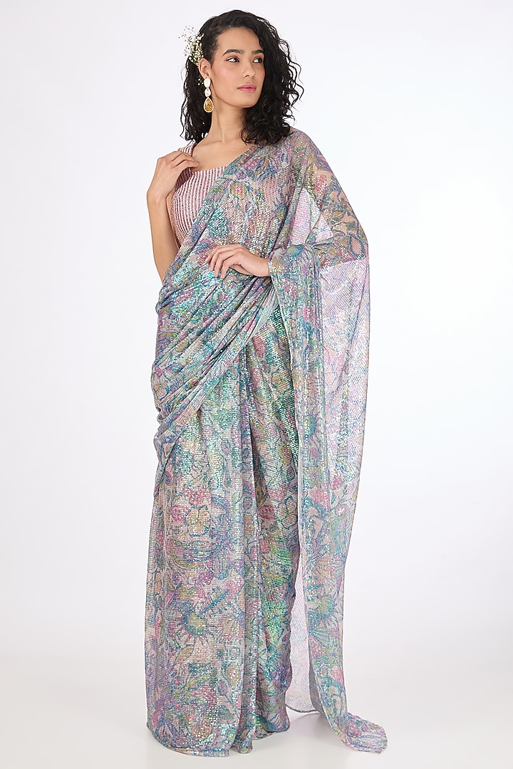 Multi-Colored Sequins Saree Set by Aisha Rao