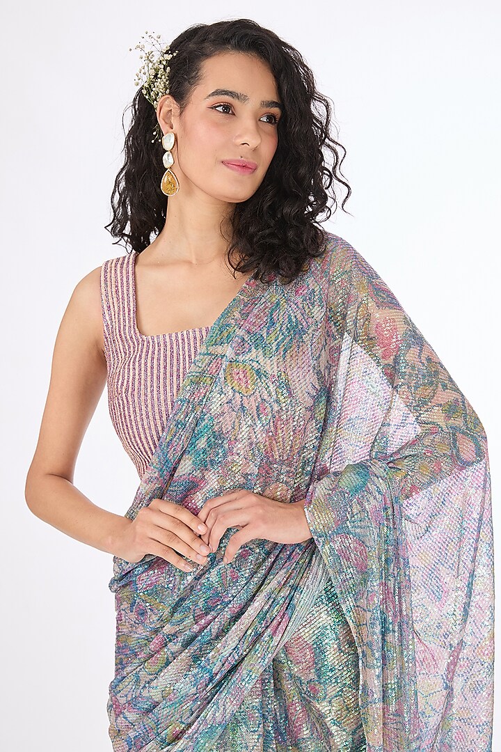 Multi-Colored Sequins Reception Saree Set by Aisha Rao at Pernia's Pop Up Shop