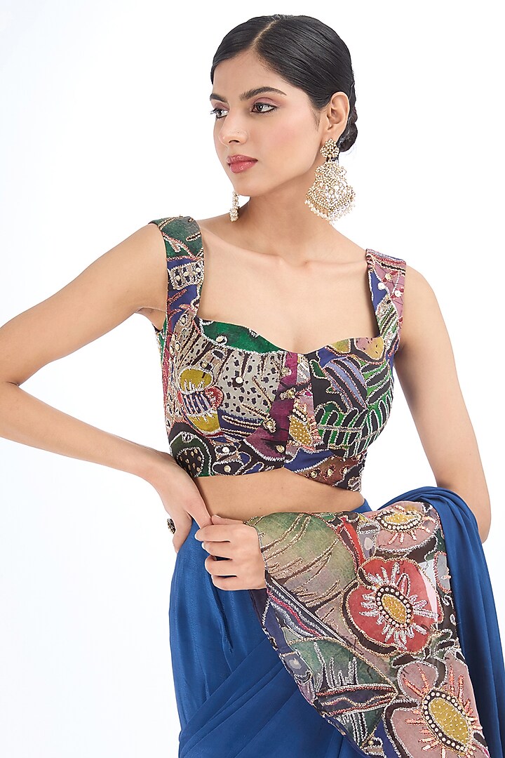 Powder Blue Mulberry Crepe & Organza Printed Pre-Stitched Reception Saree Set by Aisha Rao at Pernia's Pop Up Shop