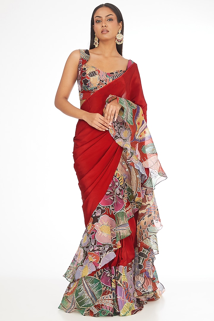 Candy Red Crepe & Organza Ruffled Pre-Stitched Saree Set by Aisha Rao at Pernia's Pop Up Shop