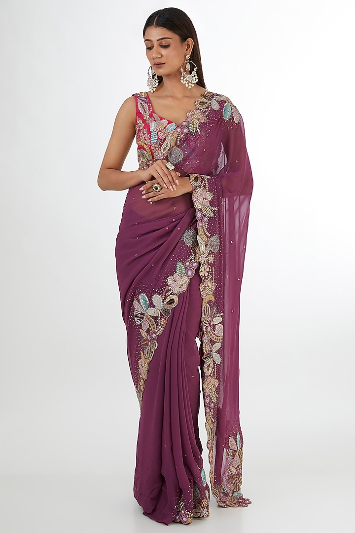 Purple Tulle Applique Embellished Saree Set by Aisha Rao at Pernia's Pop Up Shop