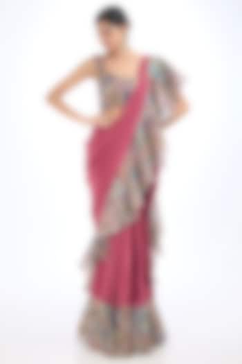 Magenta Purple Mulberry Crepe & Organza Printed Pre-Stitched Reception Saree Set by Aisha Rao at Pernia's Pop Up Shop