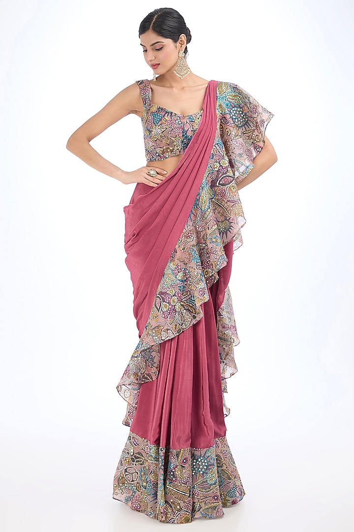 Magenta Purple Mulberry Crepe & Organza Printed Pre-Stitched Reception Saree Set by Aisha Rao at Pernia's Pop Up Shop