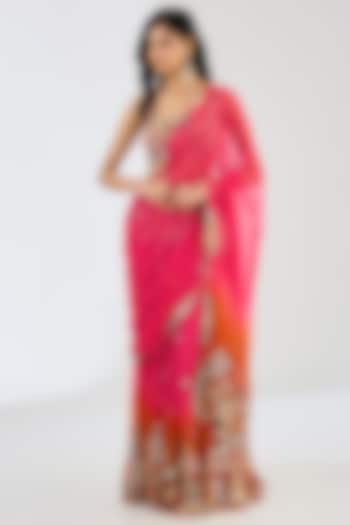 Fuchsia & Tangerine Ombre Tulle Applique Embellished Draped Bridal Saree Set  by Aisha Rao at Pernia's Pop Up Shop
