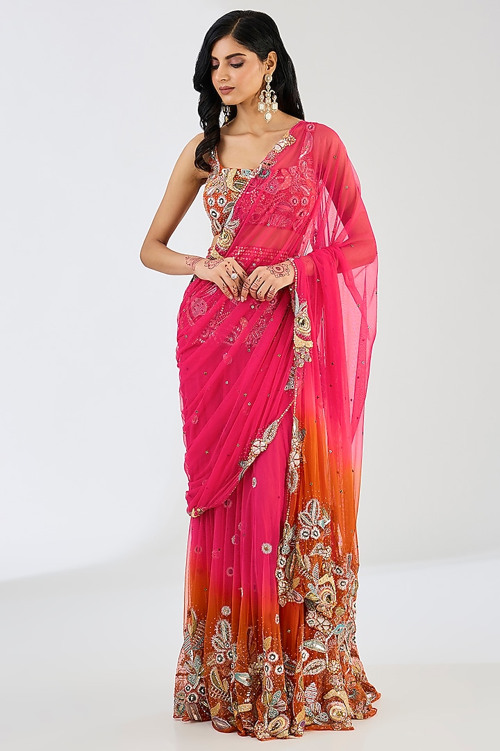Fuchsia & Tangerine Ombre Tulle Applique Embellished Draped Bridal Saree Set  by Aisha Rao at Pernia's Pop Up Shop