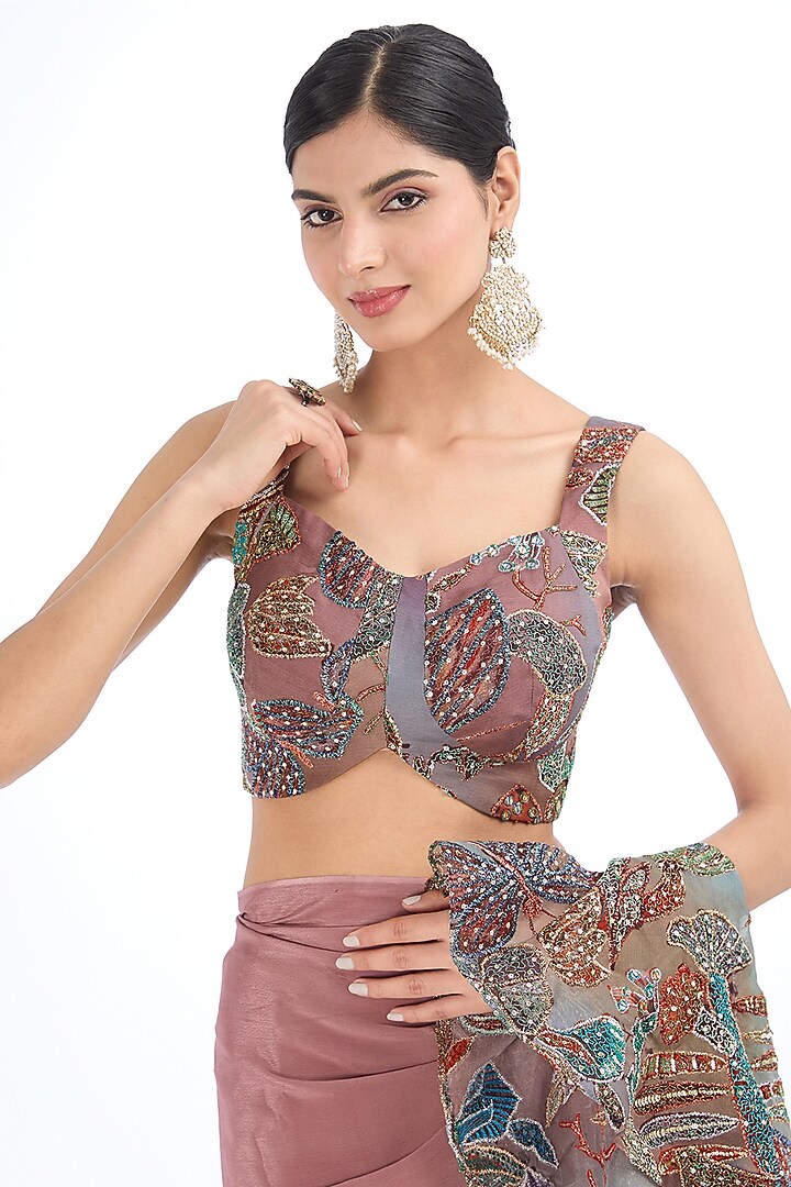 Rose Quartz Mulberry Crepe & Organza Printed Pre-Stitched Reception Saree Set by Aisha Rao at Pernia's Pop Up Shop