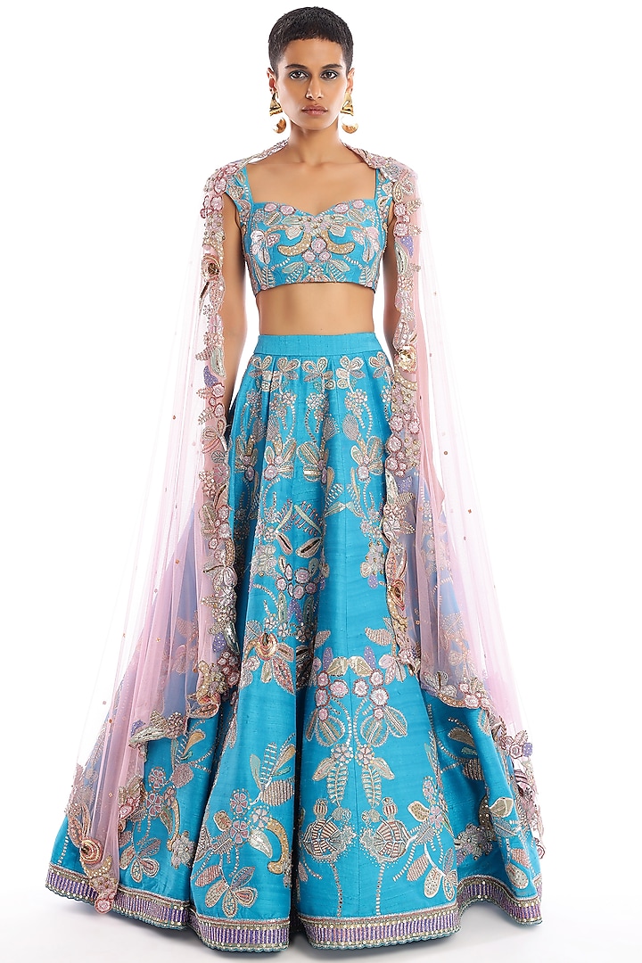 Cyan Blue Raw Silk Applique Embellished Bridal Lehenga Set by Aisha Rao at Pernia's Pop Up Shop