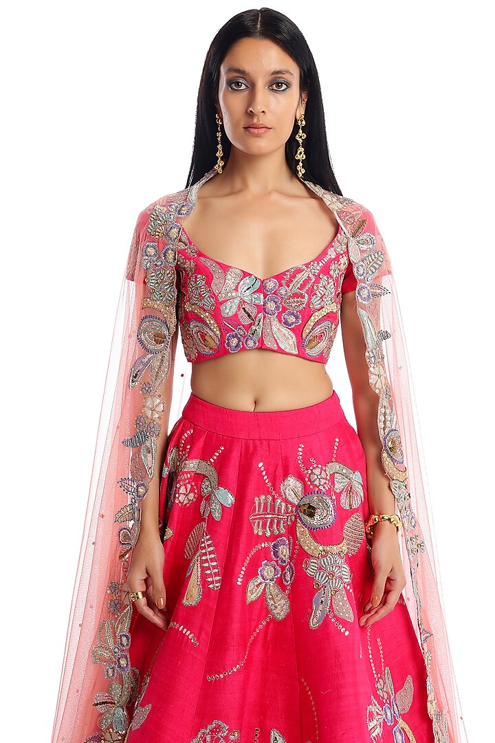 Carmine Pink Raw Silk Applique Embellished Bridal Lehenga Set by Aisha Rao at Pernia's Pop Up Shop