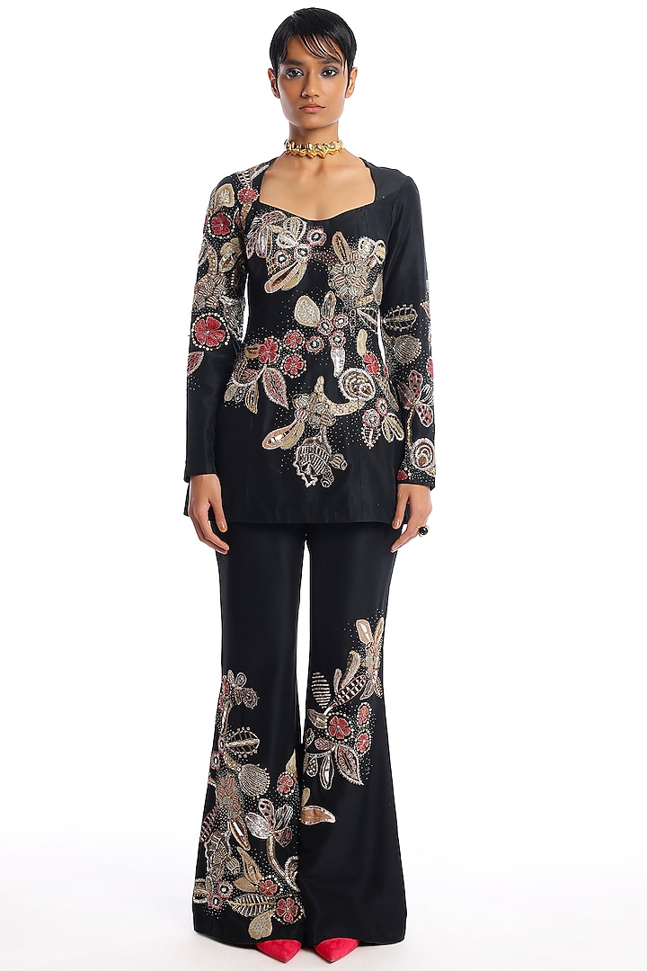 Black Chanderi Silk Applique Embellished Co-Ord Set by Aisha Rao at Pernia's Pop Up Shop