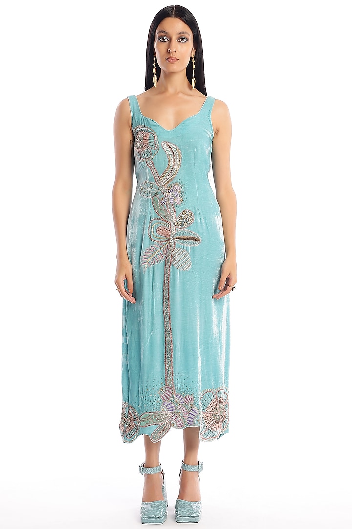 Pacific Blue Velvet Applique Embellished Gown by Aisha Rao