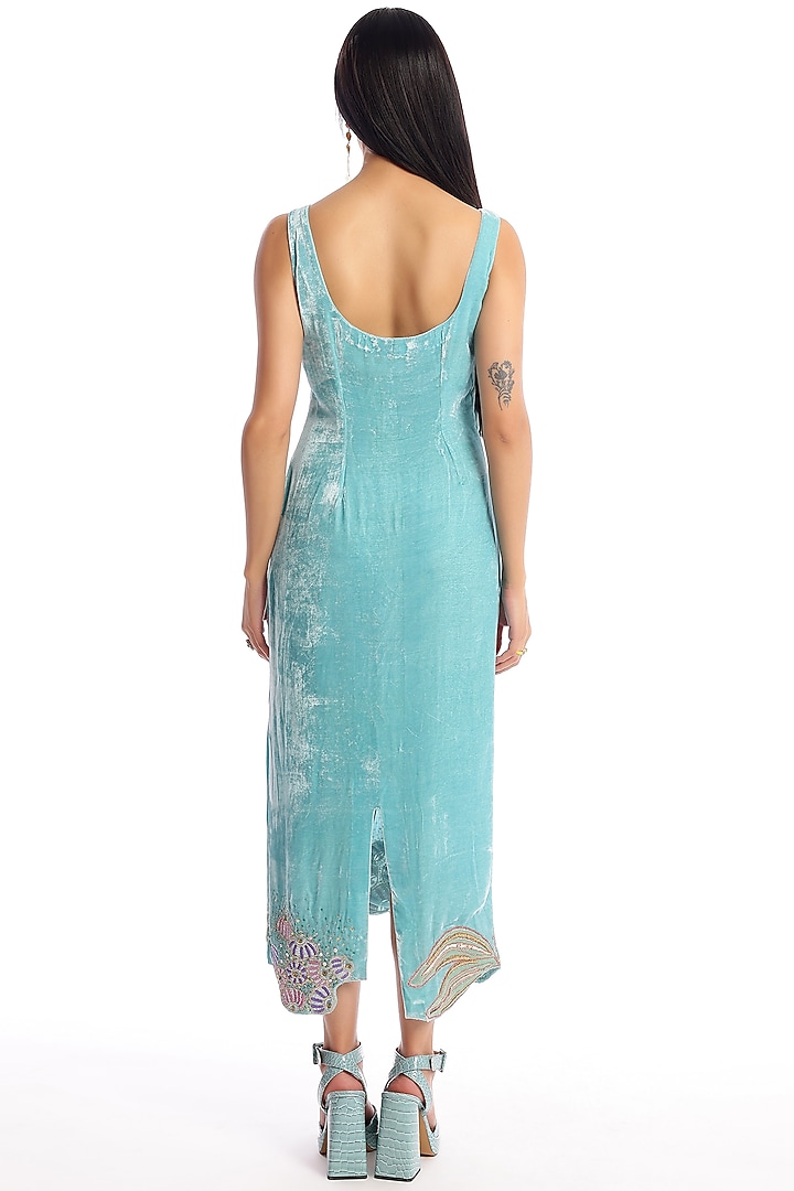 Pacific Blue Velvet Applique Embellished Wedding Gown by Aisha Rao at Pernia's Pop Up Shop