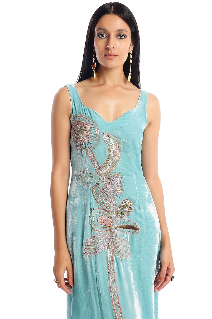 Pacific Blue Velvet Applique Embellished Wedding Gown by Aisha Rao at Pernia's Pop Up Shop