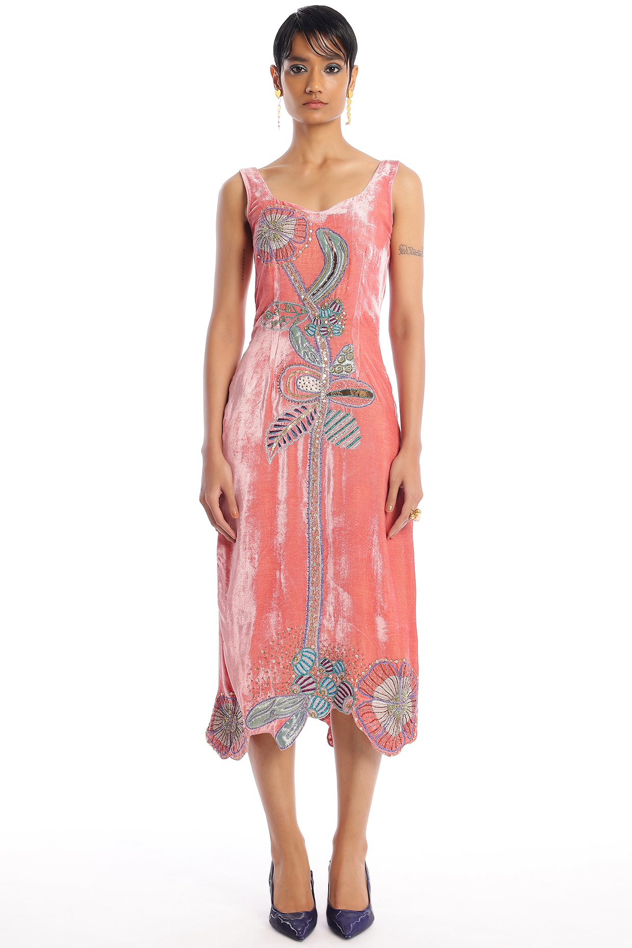 Salmon Velvet Applique Embellished Gown by Aisha Rao at Pernia's Pop Up Shop