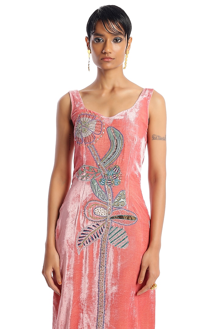 Salmon Velvet Applique Embellished Wedding Gown by Aisha Rao at Pernia's Pop Up Shop