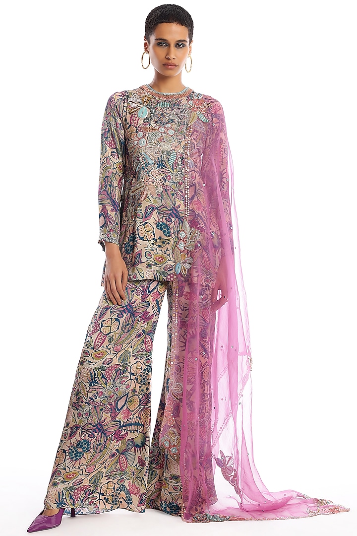 Pink & Green Silky Satin Printed Short Kurta Set by Aisha Rao at Pernia's Pop Up Shop