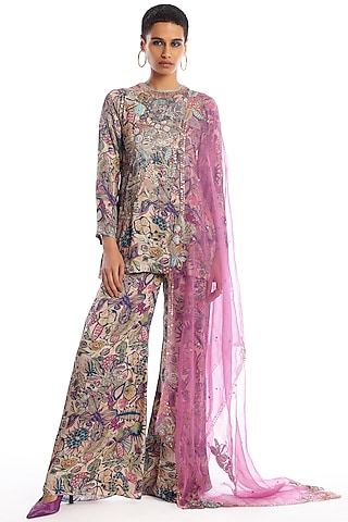 Pink & Green Silky Satin Printed Short Kurta Set by Aisha Rao