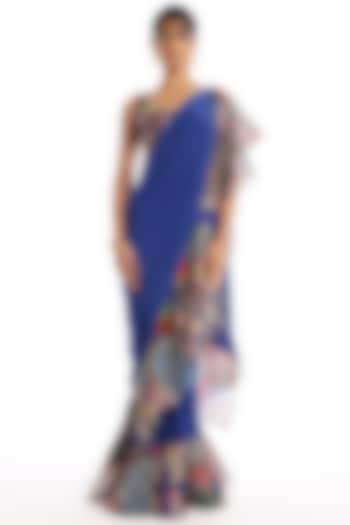 Midnight Blue Mulberry Crepe & Organza Ruffled Stitched Reception Saree Set by Aisha Rao at Pernia's Pop Up Shop