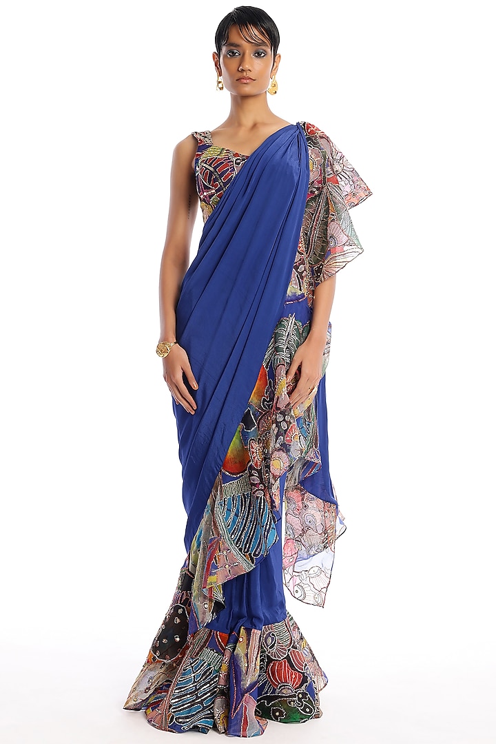 Midnight Blue Mulberry Crepe & Organza Ruffled Stitched Reception Saree Set by Aisha Rao at Pernia's Pop Up Shop