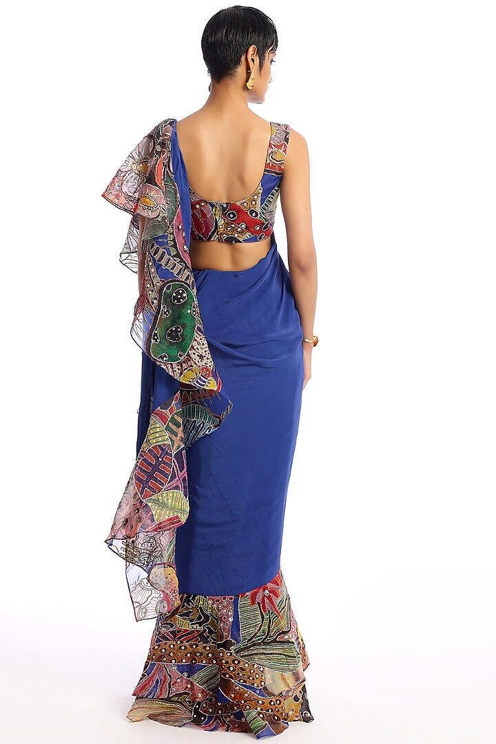 Midnight Blue Mulberry Crepe & Organza Ruffled Stitched Reception Saree Set by Aisha Rao at Pernia's Pop Up Shop