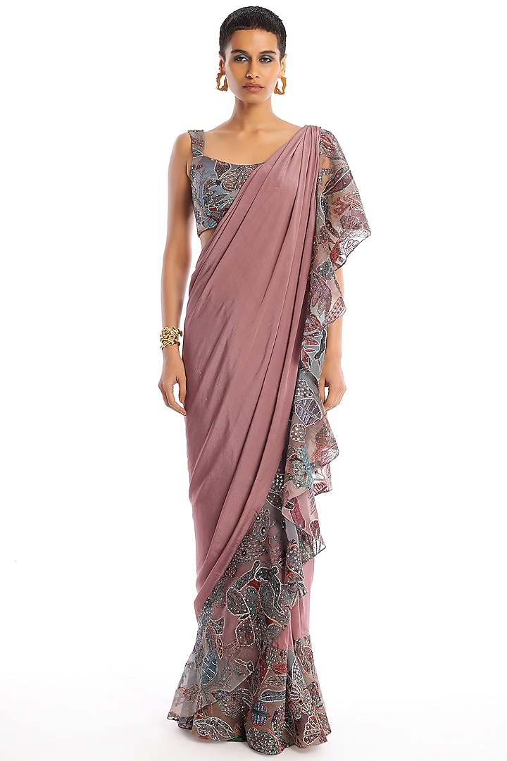 Rose Quartz Mulberry Crepe & Organza Ruffled Stitched Reception Saree Set by Aisha Rao at Pernia's Pop Up Shop