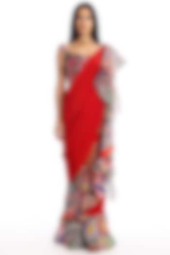 Candy Red Mulberry Crepe & Organza Ruffled Stitched Reception Saree Set by Aisha Rao at Pernia's Pop Up Shop