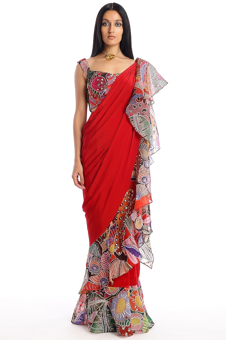 Candy Red Mulberry Crepe & Organza Ruffled Stitched Reception Saree Set by Aisha Rao at Pernia's Pop Up Shop