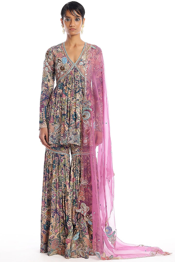 Pink & Green Mulberry Crepe Printed Applique Embellished Gharara Set by Aisha Rao