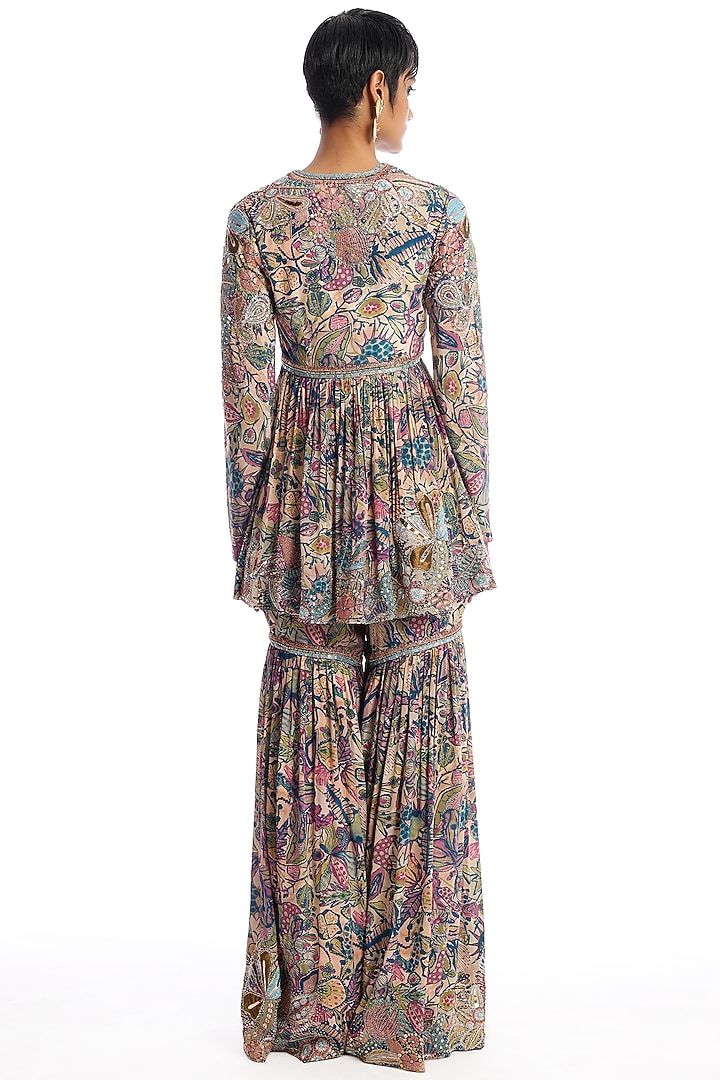 Pink & Green Mulberry Crepe Printed Applique Embellished Gharara Set by Aisha Rao at Pernia's Pop Up Shop