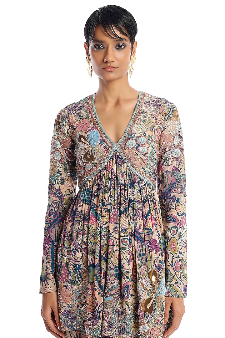 Pink & Green Mulberry Crepe Printed Applique Embellished Gharara Set by Aisha Rao at Pernia's Pop Up Shop