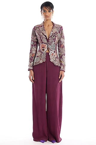 Plum Tulle Applique Embellished Jacket Set by Aisha Rao