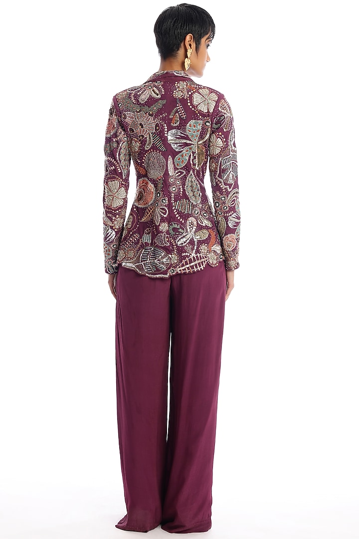 Plum Tulle Applique Embellished Jacket Set by Aisha Rao at Pernia's Pop Up Shop