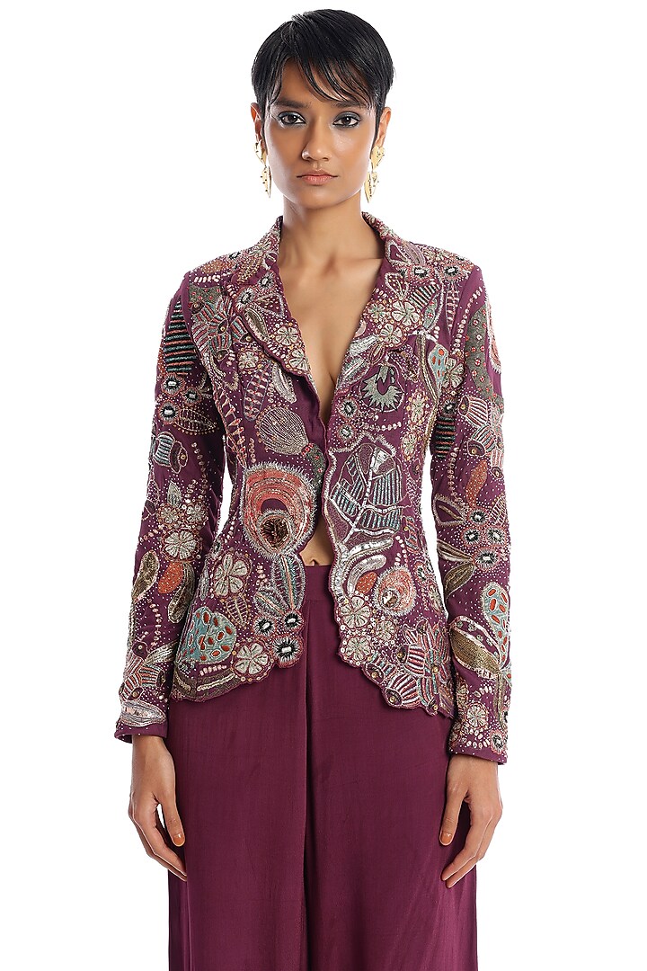 Plum Tulle Applique Embellished Jacket Set by Aisha Rao at Pernia's Pop Up Shop